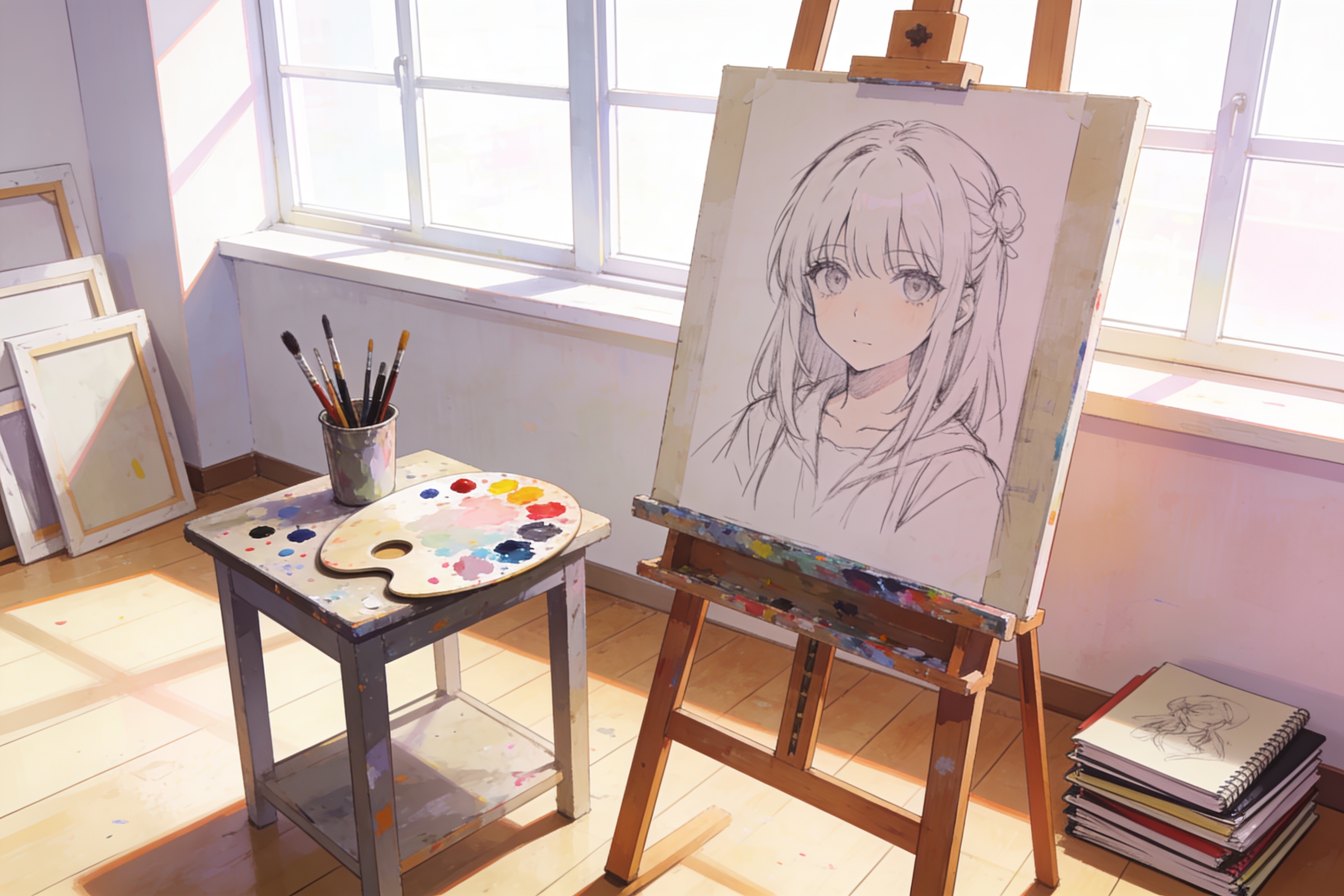 画室内的画架与调色盘