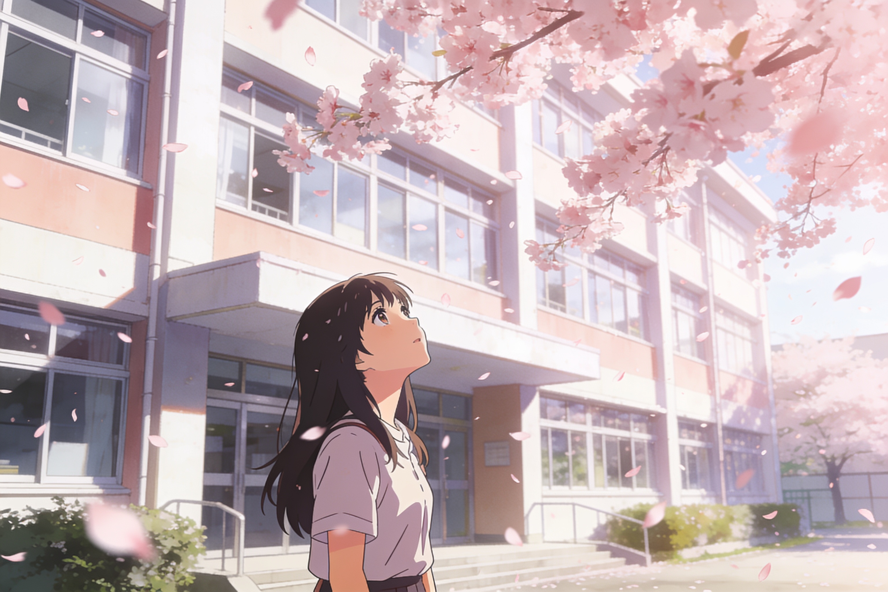 樱花飘落的校园场景，少女站在教学楼前仰望天空，画面采用电影感超宽构图